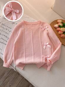 Girls & Teens' Cute Pink Bow Round Neck Twist Rope Cable Knit Pullover Sweater, Suitable For Daily, Vacation, Spring, Autumn, Winter - Pink - View 1