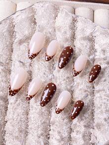 10 móng giả thủ công màu nâu ombre chấm bi dễ thương tối giản sang trọng, phụ kiện làm móng, móng dán thủ công. - Nhiều màu - Xem 6