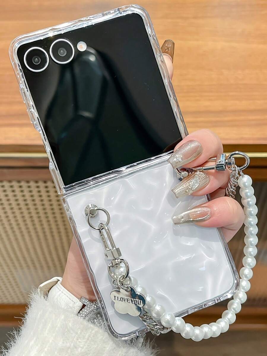 时尚水波纹透明手机壳适用于三星 Galaxy Z Flip 7 Z Flip6 ZFlip 5 ZFlip 4 ZFlip 3 5G 珍珠手链透明保护后盖