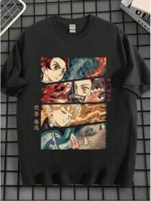 Anime Print T-Shirt Suitable For Summer Round Neck T-Shirt - 黑色 - 查看 1