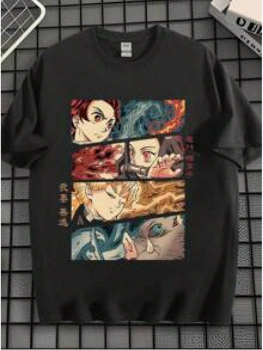 Anime Print T-Shirt Suitable For Summer Round Neck T-Shirt - 黑色 - 查看 1