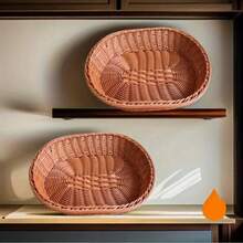 One Retro Chinese-Style Imitation Rattan Woven Bread Storage Basket, 28*20cm, Oval Woven Basket, Bread Box, Storage Basket, Multi-Compartment Snack, Dessert, Fruit And Candy Storage Rattan Woven Bread Basket, Snack Basket, Mall Display Storage Basket, Square Rattan Woven Fruit Basket, Afternoon Tea Snack Plate, Snack Plate, Random Wood Color, Retro Fruit Dish, Miscellaneous Candy Storage Basket - Oval Wood Color - View 5