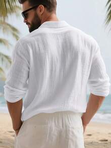 Men's White Linen Polo Collar Long Sleeve Shirt, Half-Button Design, Suitable For Beach Vacation, Back To School, 4th Of July Gathering & Tropical Travel, Autumn/Winter Layering