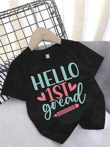 Girls' First Grade Celebration T-Shirt - Hello 1st Grade Graphic Tee With Pink Hearts - Black Shirt For 5-14 Year Olds - First Day Of School Outfit - Cute Birthday Party Casual Everyday Top, First Grade Shirt, Playful Design, Medium Stretch Fabric - 黑色 - 查看 2