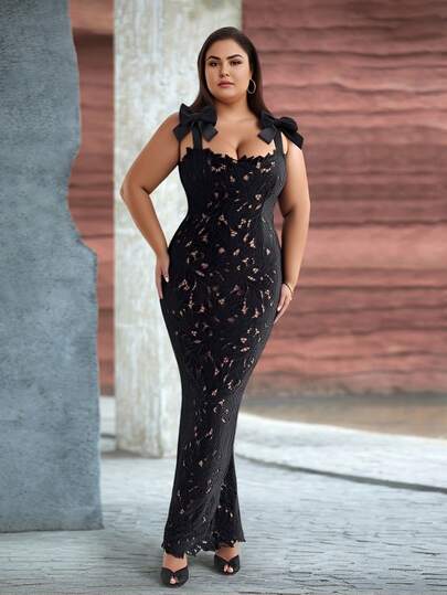 Plus Size Black Bowknot Hollow Out Elegant Fitted Party Dress