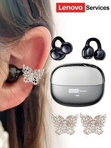 Lenovo سماعات بلوتوث موضة من ليونوفو LE302 مع إكسسوارات سماعات الأذن على شكل فراشة، سماعات أذن قابلة للتثبيت بالكليب مع صوت محيطي، جودة صوت عالية، انخفاض في التأخير، إلغاء ضوضاء ENC، ارتداء مريح، مناسبة كإكسسوار أقراط موضة وهدية للنساء