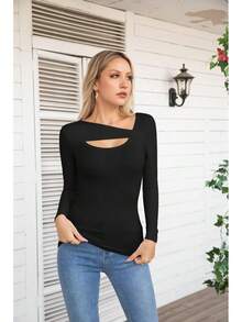 Womens Fashion Fall Cutout Long Sleeve Ribbed Slim Fitted Tops Shirts Tee Tshirts - Xanh dài - Xem 9