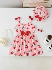 2pcs/Set Cute Daily Heart & Cherry Print Contrast Color Bowknot Strap Ruffle Hem Plaid Dress And Hat, Suitable For Summer Party, Vacation - Baby Pink - View 4