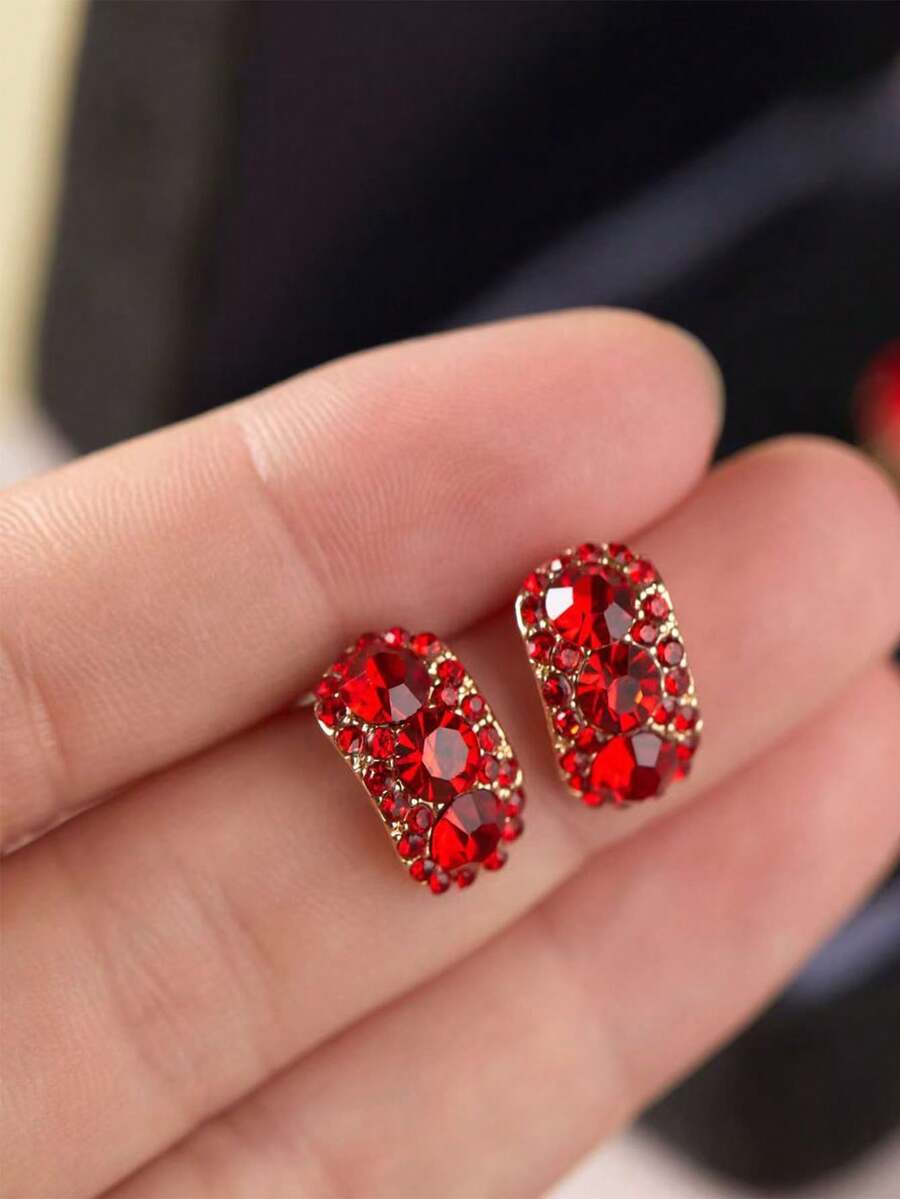 1 Pair Elegant & Sophisticated Stud Earrings, Suitable For Women In Any Occasion - Red - View 1