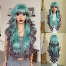 NAMM 30 英寸绿色渐变紫色波浪假发，宽松长卷发，带刘海，高品质耐热纤维合成长卷发假发，适合时尚女性和女孩派对角色扮演使用 - 綠色 - 查看 10