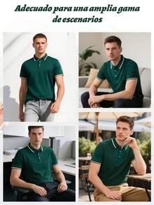 Camisa polo de manga corta a rayas de verano, casual y para commuter, para golf, para hombres, Camiseta polo diaria sencilla de unicolor para hombre,ideal para desplazamientos - Verde oscuro - Ver 11