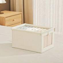 1pc Oxford Cloth Windowed Lidded Storage Box, Fabric Organizer Box For Clothes, Household Desktop Storage Container