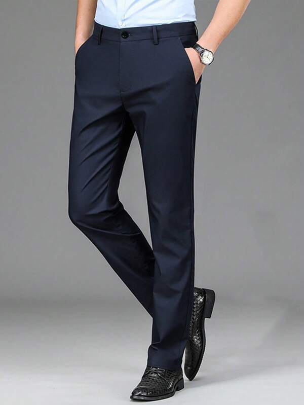 Classic Men's Casual Solid Color Trousers, Business Suit Pants, Navy Blue
