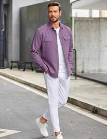 Mens Casual Button Down Shirts Long Sleeve Wrinkle-Free Shirt Lightweight Shirt Jacket - 紫色 - 查看 4
