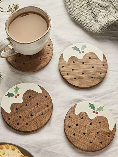 12pcs/6pcs Holiday Christmas Pudding Wooden Coasters - Custom Holiday Designs Featuring Mince Pies And Snowflakes, Perfect For Home, Office Or Tea Room Decor, Festive Table Settings | Holiday Coasters | Wooden Coasters, Christmas Tabletop Decorations Home Decor Christmas Decorations
