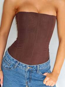 Elegant White Crop Top Mesh Semi-Sheer Corset Boned Overbust Lace Up Back Bodyshaper Tube Tops For  Daily Casual Wear,Music Festival Holiday Black Removable Corset Top, Concert Outfits - màu nâu - Xem 1