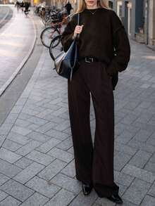 Korean Style Casual Loose Solid Color Round Neck Long Sleeve Versatile Daily Knit Sweater - Chocolate Brown - View 2