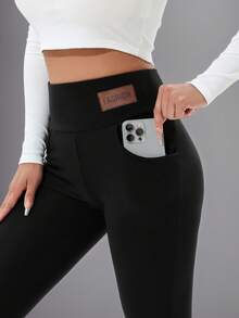 Autumn And Winter High-Waisted Thermal Lined Flared Pants With Side Slits, Stretchy Women's Wide Leg Yoga Casual Trousers - Black - View 3