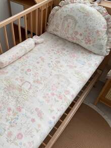 1 件可爱兔子花园卡通图案柔软舒适 100% 纯棉婴儿床床笠 - 彩色 - 查看 9