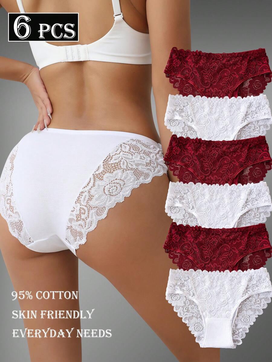 Set de 6 bragas de algodón de unicolor elegante con adorno de encaje para damas