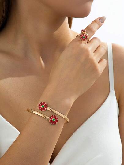 2 件套时尚简约泪珠花瓣手链和戒指套装，经典优雅百搭，适合日常休闲佩戴