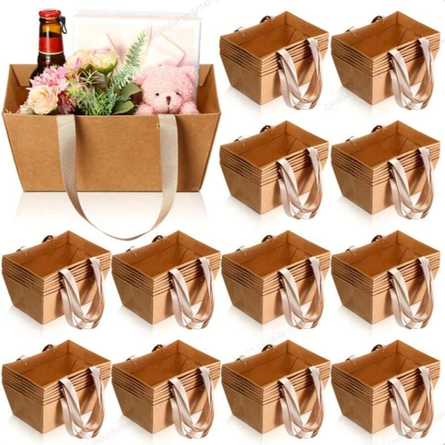[Bulk Kraft Basket] Christmas Empty Kraft Gift Basket With Handle , 9.8 X 6.5 X 4.3 "- Gift Wrapping, Wedding, Party, Christmas, Valentine's Day - Multicolor - View 1