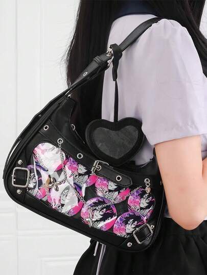 1 pieza Bolso de axila de estilo niña dulce y fresco con diseño de cadena y corazón, lazo de cinta de cordón, bolso de hombro pequeño y versátil de alta calidad y elegante para dama, decoración de hebilla, práctico por ambos lados, ventana transparente, bolso DIY, adecuado para ir de compras, asistir a exposiciones de cómics, mostrar accesorios de anime, fiestas, etc.