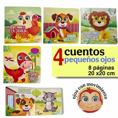 4 libros cuentos pasta dura con ojitos en movimiento, cuentos de animales bebé, estimulación temprana
