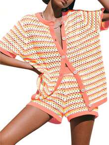 Fisoew Women's Boho Beach Vacation Set, Crochet Knit Cover Up With Striped Button Shirt, Summer Short Sleeve - trái cam - Xem 2