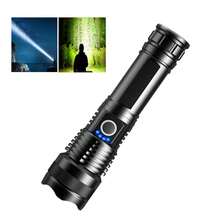 Linterna táctica de alta potencia con largo alcance, luz LED con pantalla LCD de visualización de alimentación, recargable por USB, con zoom telescópico, linterna para camping - Negro - Ver 13