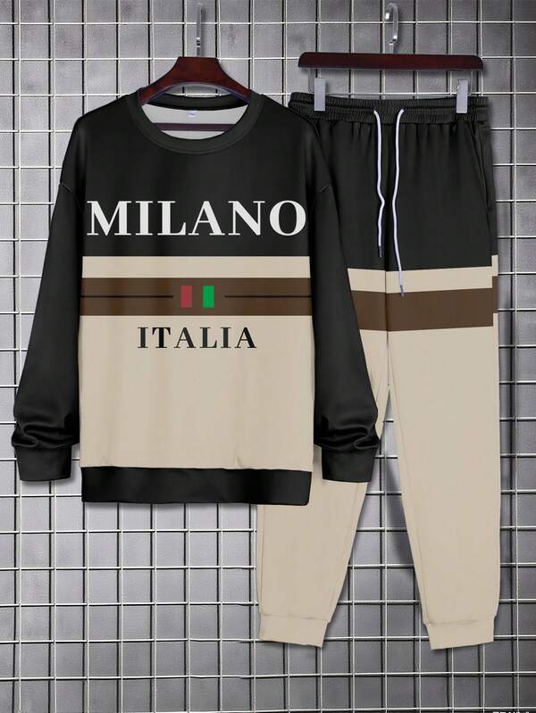 2pcs Plus Size Men's Milano Print Tracksuit - Crew Neck Sweatshirt & Pants, Street Casual With National Flag Element, Autumn/Winter Sweatsuit