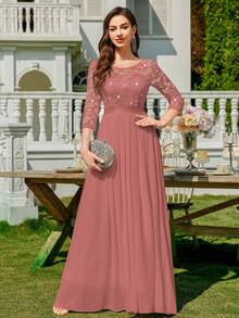 MIUSOL Women's Elegant Sequin Floral Lace Contrast Chiffon Pleated Hem Maxi Dress, Ruched High Waist A-Line Silhouette, Perfect For Formal Party, Wedding Guest, Evening , Anniversary - Bụi hồng - Xem 4