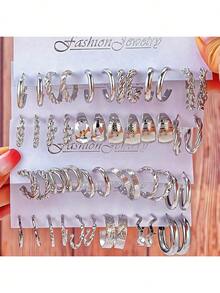 6 件/24 件优雅复古别致人造珍珠心形几何编织宽金属 C 形环状耳环多件套，适合节日、派对、约会、日常佩戴的礼物 - 銀色 - 查看 7