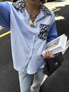Women's Fashionable Elegant Versatile Colorblock Leopard & Striped Woven Fabric Long Sleeve Casual Shirt - Multicolor - View 2