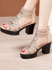 1 Đôi Dép Sandal Cao Gót Phong Cách La Mã Thời Trang Cho Thanh Thiếu Niên, Thiết Kế Khoét Hở Khóa Kéo Phía Sau, Thích Hợp Cho Hoạt Động Ngoài Trời, Đi Làm, Tiệc Khiêu Vũ, Bãi Biển - Vàng - Xem 6