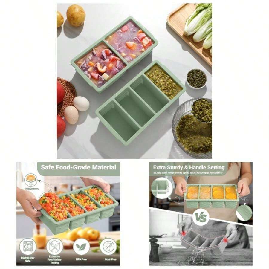 Silicone Freezer Molds Soup With Lid, 1 - Cup 2 - Cup Large Cube Trays Food Storage Containers Meal Prep, Freeze 250mL125mL Portions U2013 2 Pack - Green - View 1