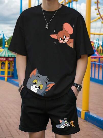 Warner Bros 2pcs/Set Men's Casual Tom And Jerry Cartoon Print Short Sleeve T-Shirt And Shorts, Summer