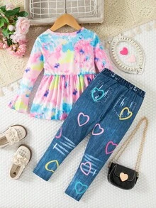 Young Girls Tie-Dye Flare Sleeve Round Neck Top + Heart Print Slim Fit Pants Set