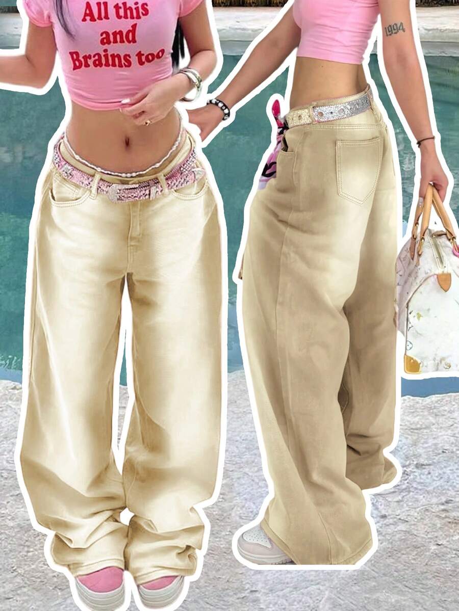 女式 Y2K 休闲破洞直筒牛仔裤，度假风格，秋季