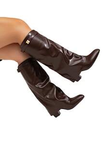 Women's Fashion Wide Width Faux Leather Tall Boots, Folding Shaft, Chunky Heel, Brown Leather Knee-High Boots, Sexy Outdoor High Heel Long Boots, Wide Width Brown High Heel Boots