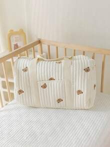 1 pieza/Set Bolso pañalero de gran capacidad, adecuado para recién nacidos y papás; diseño de múltiples bolsillos con compartimentos funcionales para organizar los artículos esenciales del bebé; apertura con solapa con cremallera superior para un fácil acceso; adornado con un parche decorativo de oso lindo para diversión