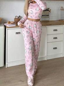 2件套女士圆领短袖印花上衣和松紧腰裤可爱家居服套装，冬季服装 - 粉色 - 查看 5