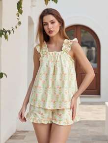 Women Floral Print Summer Set Square Neck Flutter Sleeve Loose Tank Tops Ruffled Shorts 2-Piece Outfits - 橘色 - 查看 4