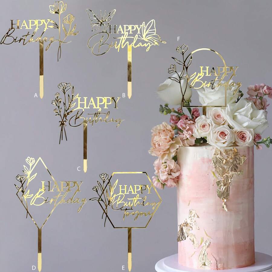 1 件/3 件/6 件金色蝴蝶花朵植物生日快乐蛋糕装饰生日女孩亚克力生日派对礼物甜点装饰 - 彩色 - 查看 1
