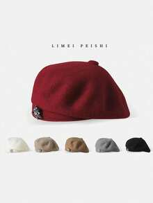 1pc Vintage Inspired Casual Wool Beret Hat With Rhinestones, Flattering Painter Cap, Versatile For Autumn/Winter, Suitable For Valentine's Day