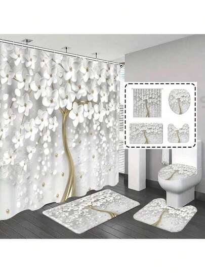 1 件/4 件浴室窗帘淋浴，浴室套装，浴帘套装，浴帘，浴室装饰，浴室地毯，浴室垫，浴室垫，3D 花卉图案，现代奢华风格，四季装饰，经典奢华浴室套装，配有 12 个挂钩圣诞装饰