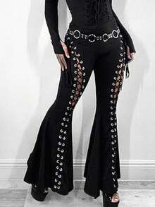 Gothic Lace Flared Pants Are A Must-Have For Women's High-Waisted Y2K Women's Retro And Sexy Slimming Pants In Fashionable OutfitsGothic Lace Bell Bottom Pants – High Waist Flare Pants With Cross Cutout, Sexy Clubwear Halloween Vampire Witchy Outfit, Festival Streetwear Fashion Must-Have