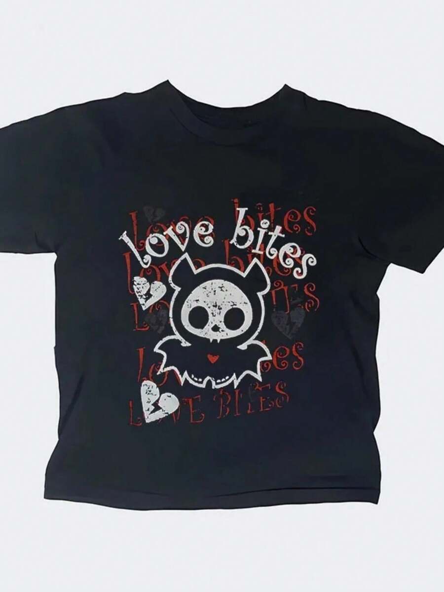 90s Y2K Style Punk Vintage Women Trash Crop Top Streetwear Gothic Punk Girlish Short Sleeve Casual Slim Fashion Tees - 黑色1 - 查看 1