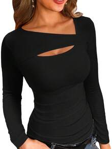 Womens Fashion Fall Cutout Long Sleeve Ribbed Slim Fitted Tops Shirts Tee Tshirts - Xanh dài - Xem 8