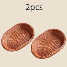 One Retro Chinese-Style Imitation Rattan Woven Bread Storage Basket, 28*20cm, Oval Woven Basket, Bread Box, Storage Basket, Multi-Compartment Snack, Dessert, Fruit And Candy Storage Rattan Woven Bread Basket, Snack Basket, Mall Display Storage Basket, Square Rattan Woven Fruit Basket, Afternoon Tea Snack Plate, Snack Plate, Random Wood Color, Retro Fruit Dish, Miscellaneous Candy Storage Basket - Oval Wood Color - View 7